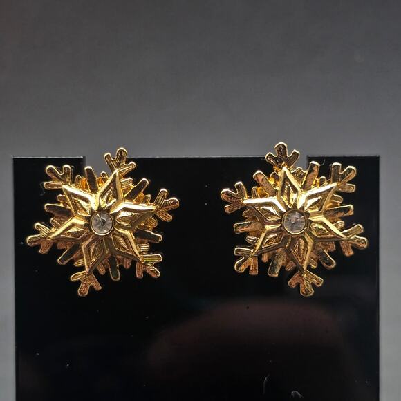 Avon 1988 Glistening Snowflake Earrings In Box Gold Tone Christmas Holiday - Picture 1 of 7